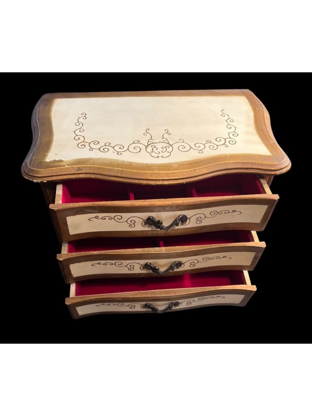 Vtg  60s Apco Japan Wooden Jewelry Chest Music Box 3 Velvet-Lined Drawers Hand-P - Picture 2 of 8